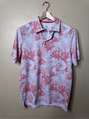 Scales Polo Shirt  Men’s Small Pink Tropical Coral Print Golf Performance
